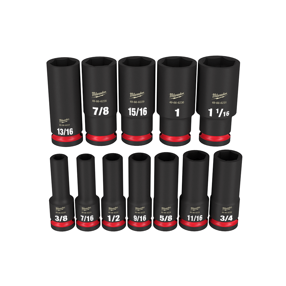 Milwaukee SHOCKWAVE™ 1/2" Drive 12PC SAE Deep 6 Point Impact Socket Set - 49667011 - Available at Power Tool Specialists, Carlton, Victoria, Australia.