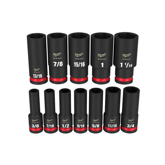 Milwaukee SHOCKWAVE™ 1/2" Drive 12PC SAE Deep 6 Point Impact Socket Set - 49667011 - Available at Power Tool Specialists, Carlton, Victoria, Australia.