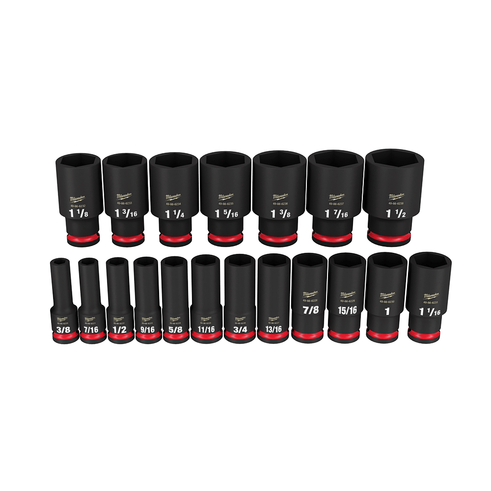 Milwaukee SHOCKWAVE™ 1/2" Drive 19PC SAE Deep 6 Point Impact Socket Set - 49667012 - Available at Power Tool Specialists, Carlton, Victoria, Australia.