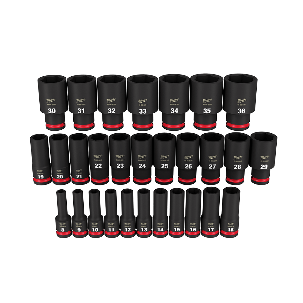Milwaukee SHOCKWAVE™ 1/2" Drive 29PC Metric Deep 6 Point Impact Socket Set - 49667015 - Available at Power Tool Specialists, Carlton, Victoria, Australia.