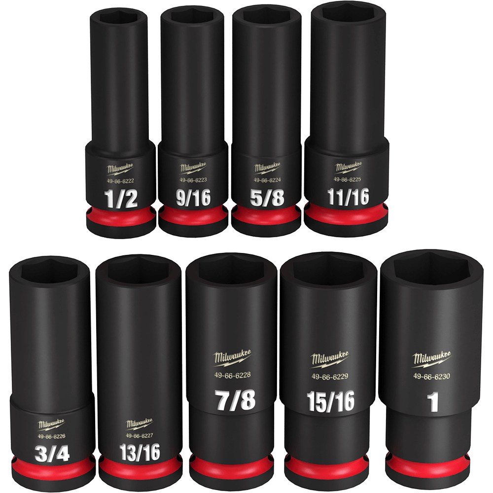 Milwaukee SHOCKWAVE™ 1/2" Drive 9PC SAE Deep 6 Point Impact Socket Rail Set - 49667022 - Available at Power Tool Specialists, Carlton, Victoria, Australia.