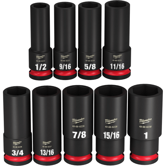 Milwaukee SHOCKWAVE™ 1/2" Drive 9PC SAE Deep 6 Point Impact Socket Rail Set - 49667022 - Available at Power Tool Specialists, Carlton, Victoria, Australia.