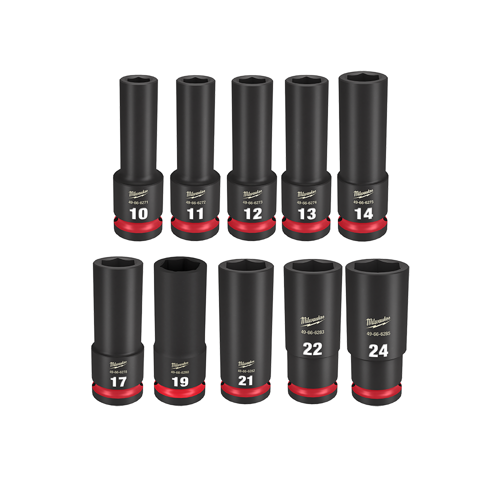 Milwaukee SHOCKWAVE™ 1/2" Drive 10PC Metric Deep 6 Point Impact Socket Set - 49667053 - Available at Power Tool Specialists, Carlton, Victoria, Australia.
