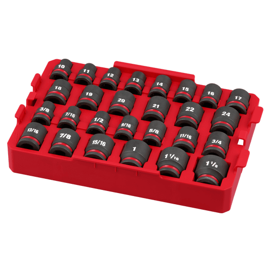 Milwaukee SHOCKWAVE™ 1/2" Drive 27PC Impact Socket Set - Metric + SAE [Tray] - 49667057 - Available at Power Tool Specialists, Carlton, Victoria, Australia.