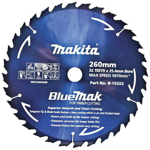 MAKITA 260mm 32T TCT Circular Saw Blade for Wood Cutting - Mitre Saws - BLUEMAK B15322