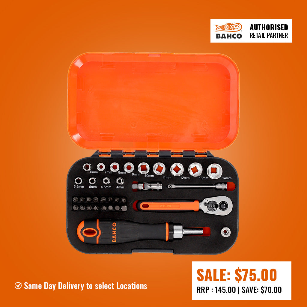 Bahco 1/4" Square Drive Socket and Bit Set with Metric Hex Profile and Ratcheting Bit Holder - 34 Pcs  S34MC8H