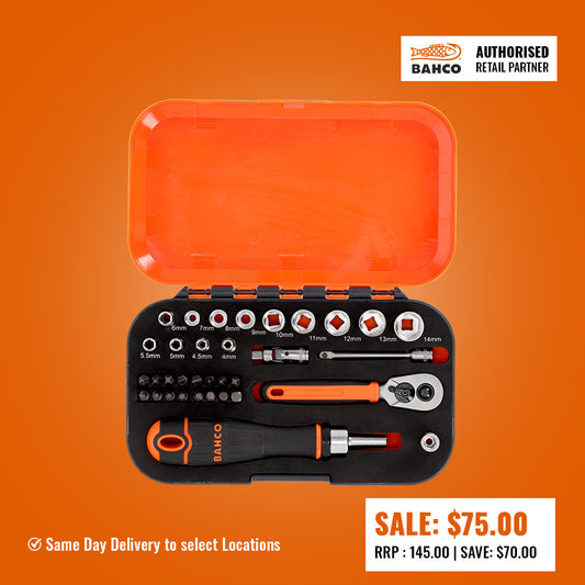 Bahco 1/4" Square Drive Socket and Bit Set with Metric Hex Profile and Ratcheting Bit Holder - 34 Pcs  S34MC8H
