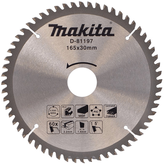 Makita 165mm (6-1/2") x 60T TCT Multi Cut Circular Saw Blade 30mm bore with reducers