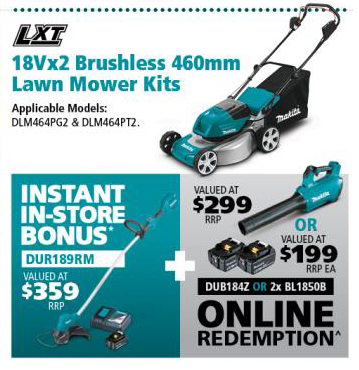 Makita DLM464PT2 Lawn Mower Kit BONUS DUR189 line trimmer (instore) and blower or batteries via redemption