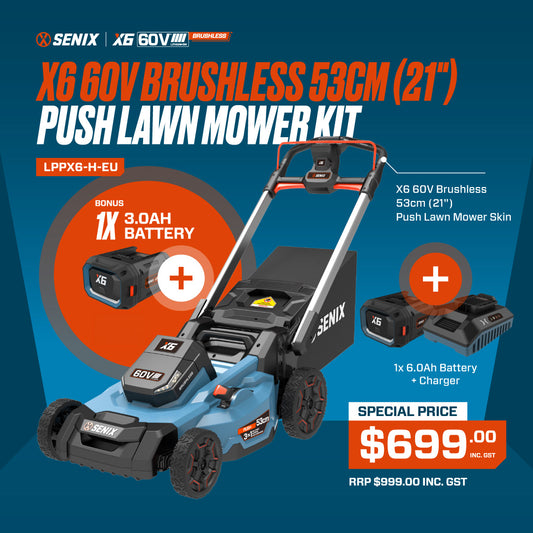SENIX X6 60V Brushless 53cm (21") Push Lawn Mower Kit LPPX6-H-EU (EXTRA BATTERY FREE) FREE DELIVERY AUSTRALIA WIDE