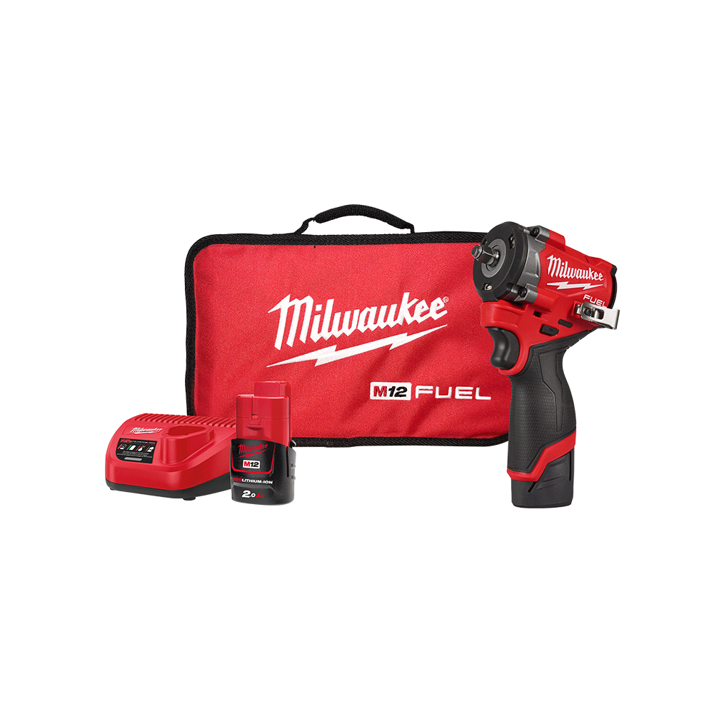 Milwaukee M12 FUEL™ 3/8" Stubby Impact Wrench with Friction Ring Kit (2x 2.0Ah, Bag) - M12FIW2F38202B - Available at Power Tool Specialists, Carlton, Victoria, Australia.