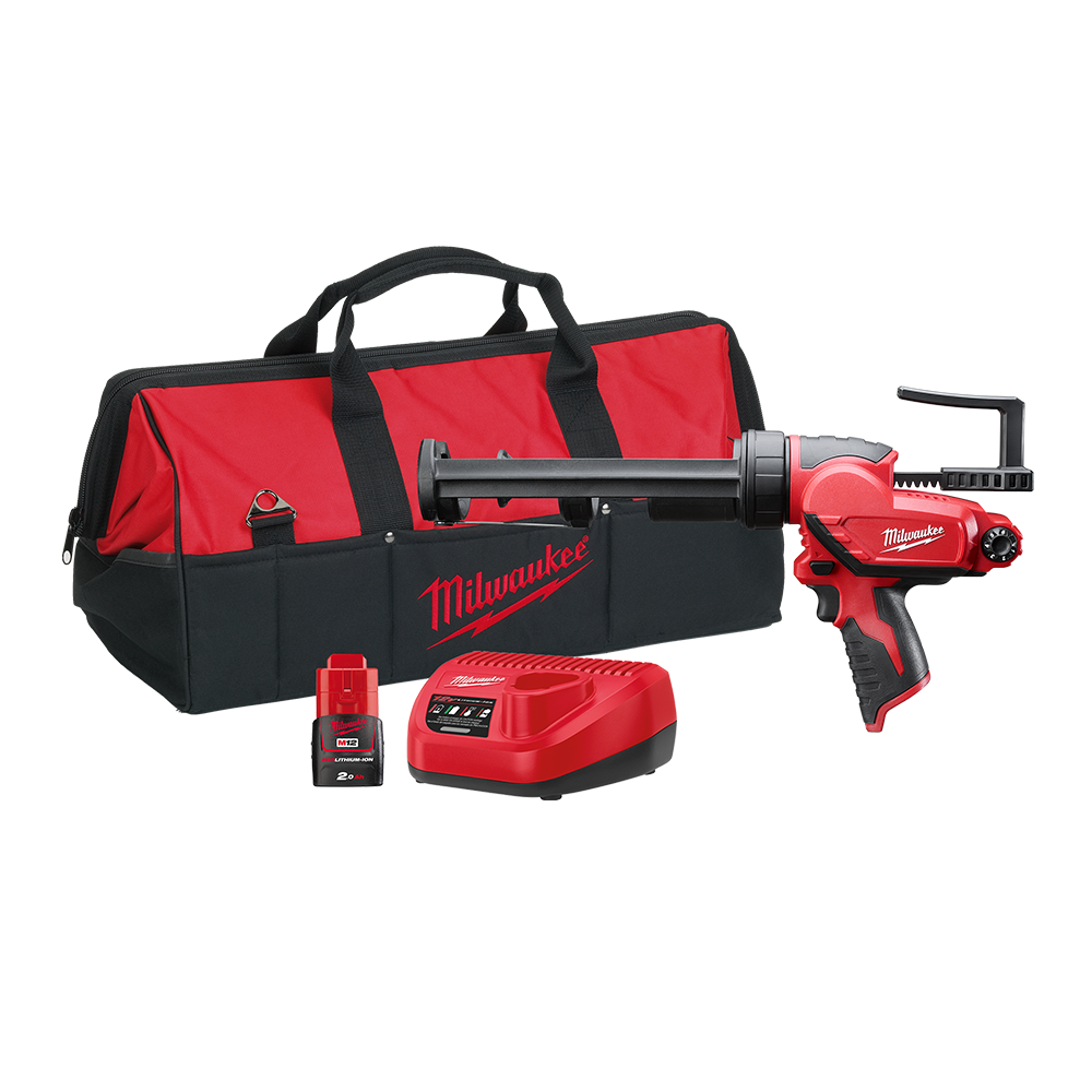 Milwaukee M12™ 310ml Caulk and Adhesive Gun Kit (1x 2.0Ah, Bag) - M12PCG310-201B - Available at Power Tool Specialists, Carlton, Victoria, Australia.