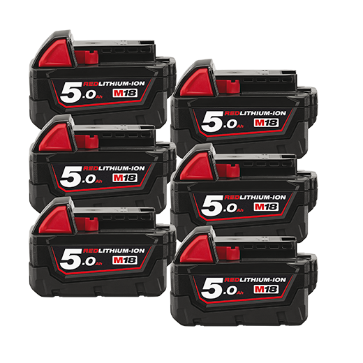 Milwaukee M18B56 6 pack of 5.0Ah batteries WITH BONUS RAPID CHARGER - Available at Power Tool Specialists, Carlton, Victoria, Australia.