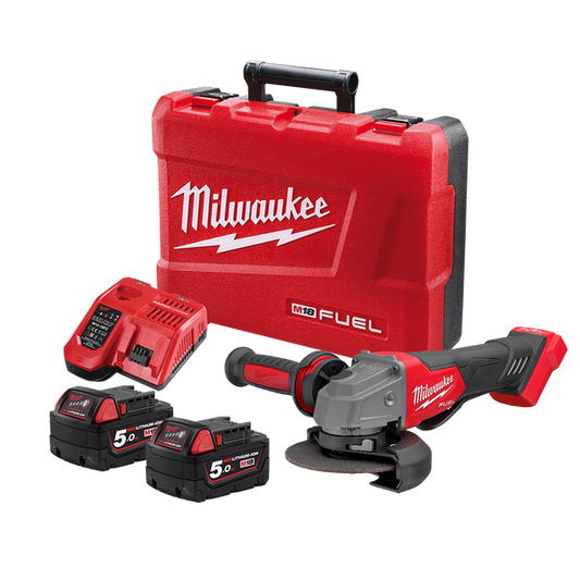 Milwaukee M18 FUEL™ 125mm (5") Angle Grinder with Deadman Paddle Switch Kit (2x 5.0Ah) - M18FAG125XPD-502C - Available at Power Tool Specialists, Carlton, Victoria, Australia.