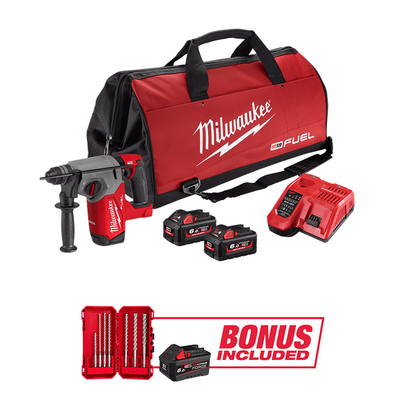 Milwaukee M18 FUEL™ 26mm SDS Plus Rotary Hammer with Drill Bit Kit (2x 6.0Ah HO, 1x FB6, Bag) - M18FHDB603FHB - Available at Power Tool Specialists, Carlton, Victoria, Australia.