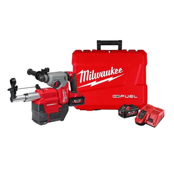 Milwaukee M18 FUEL™ 26mm SDS Plus Rotary Hammer with Dust Extractor Kit (2x 6.0Ah, HAMMERVAC™ 26mm, Case) - M18FHDEX602C - Available at Power Tool Specialists, Carlton, Victoria, Australia.