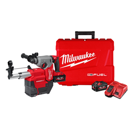 Milwaukee M18 FUEL™ 26mm SDS Plus Rotary Hammer with Dust Extractor Kit (2x 6.0Ah, HAMMERVAC™ 26mm, Case) - M18FHDEX602C - Available at Power Tool Specialists, Carlton, Victoria, Australia.