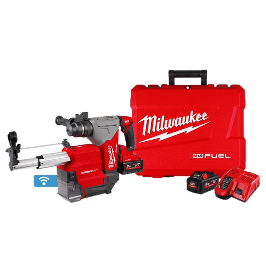 Milwaukee M18 FUEL™ 28mm SDS Plus Rotary Hammer with Dust Extractor Kit (2x 8.0Ah, HAMMERVAC™ 28mm, Case) - M18FHPDEX802C - Available at Power Tool Specialists, Carlton, Victoria, Australia.