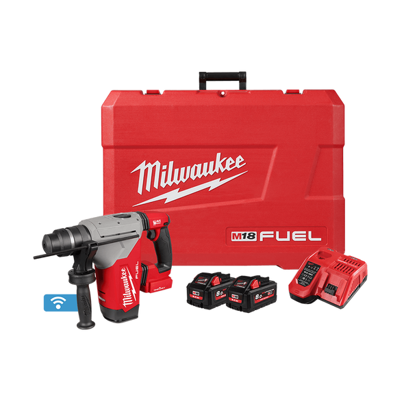 Milwaukee M18 FUEL™ 28mm SDS Plus Rotary Hammer with ONE-KEY™ Kit (2x 8.0Ah, Case) - M18FHP-802C - Available at Power Tool Specialists, Carlton, Victoria, Australia.