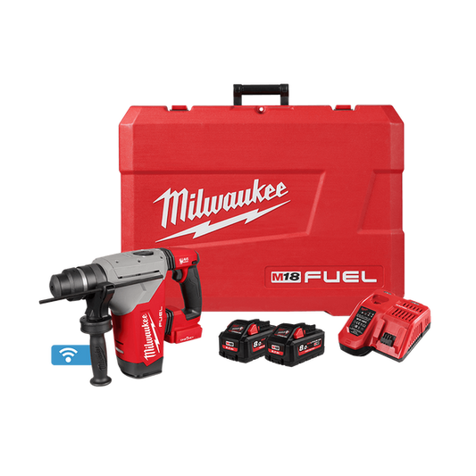 Milwaukee M18 FUEL™ 28mm SDS Plus Rotary Hammer with ONE-KEY™ Kit (2x 8.0Ah, Case) - M18FHP-802C - Available at Power Tool Specialists, Carlton, Victoria, Australia.