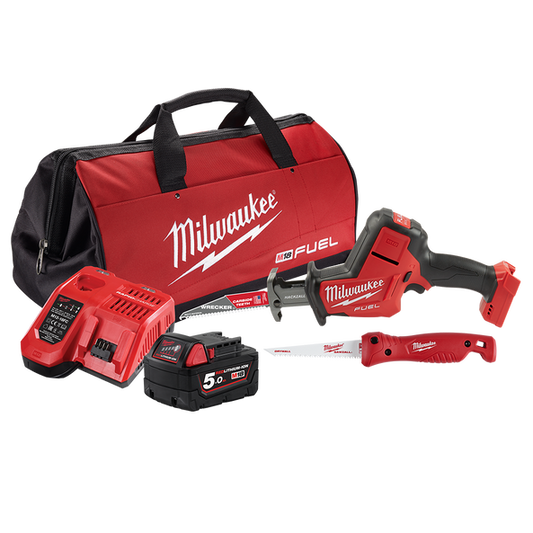 Milwaukee M18 FUEL™ HACKZALL™ Kit (1x 5.0Ah, Folding Jab Saw, Bag) - M18FHZ501B - Available at Power Tool Specialists, Carlton, Victoria, Australia.