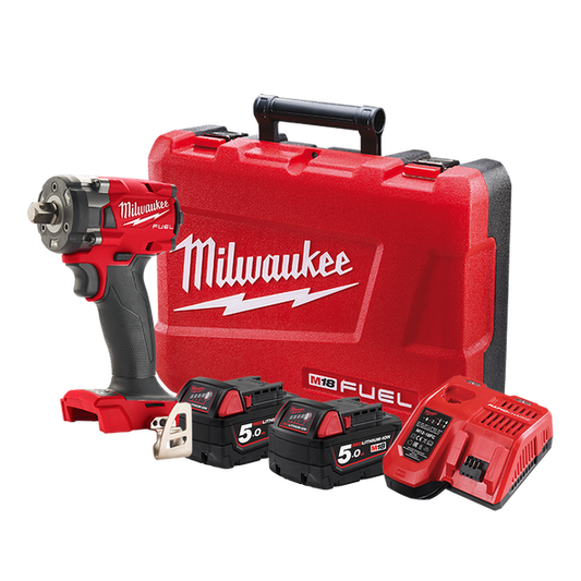 Milwaukee M18 FUEL™ 1/2" Compact Impact Wrench with Pin Detent Kit (2x 5.0Ah) - M18FIW2P12-502C - Available at Power Tool Specialists, Carlton, Victoria, Australia.