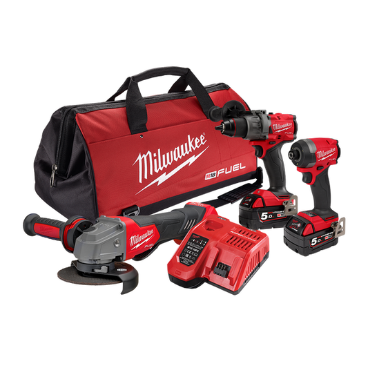 Milwaukee M18 FUEL™ 3 Piece Power Pack 3A3 (M18FPD3, M18FID3, M18FAG125XPD) - M18FPP3A3502B - Available at Power Tool Specialists, Carlton, Victoria, Australia.