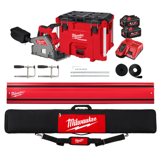 Milwaukee M18 FUEL™ 165mm Track Saw Kit (2x 6.0Ah, Guide Rail, Clamps, Joiners, Bag, XL Packout Tool Box) - M18FPS55-602P - Available at Power Tool Specialists, Carlton, Victoria, Australia.