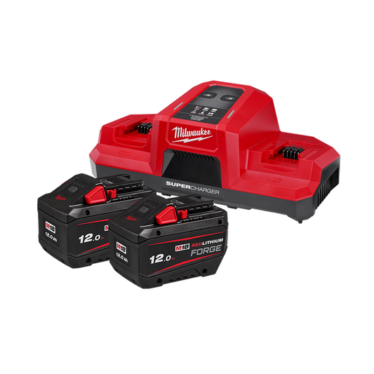 Milwaukee M18™ REDLITHIUM™ FORGE™ 12.0Ah Super Charger Starter Pack - M18FSPD122B - Available at Power Tool Specialists, Carlton, Victoria, Australia.