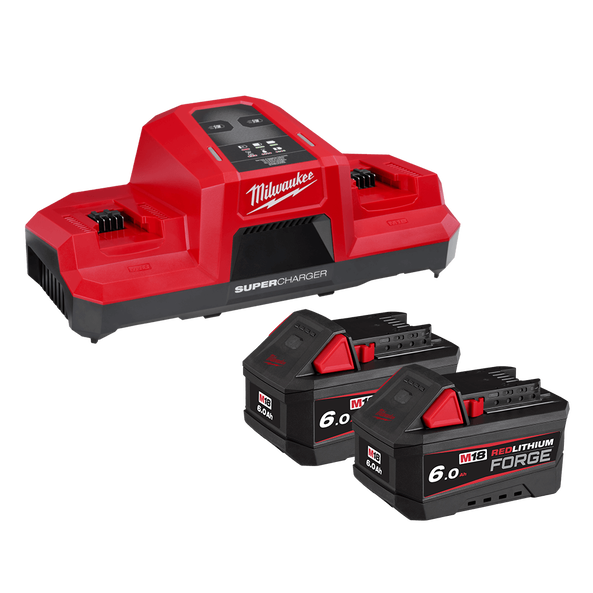 Milwaukee M18™ REDLITHIUM™ FORGE™ 6.0Ah Super Charger Starter Pack - M18FSPD602B - Available at Power Tool Specialists, Carlton, Victoria, Australia.