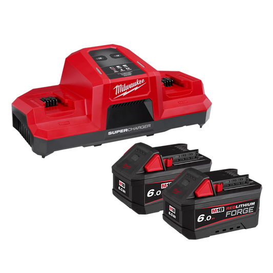 Milwaukee M18™ REDLITHIUM™ FORGE™ 6.0Ah Super Charger Starter Pack - M18FSPD602B - Available at Power Tool Specialists, Carlton, Victoria, Australia.