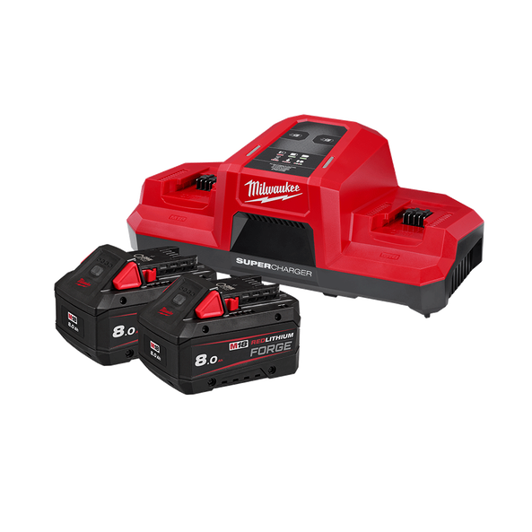 Milwaukee M18™ REDLITHIUM™ FORGE™ 8.0Ah Super Charger Starter Pack - M18FSPD802B - Available at Power Tool Specialists, Carlton, Victoria, Australia.