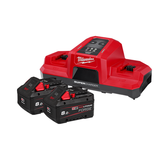 Milwaukee M18™ REDLITHIUM™ FORGE™ 8.0Ah Super Charger Starter Pack - M18FSPD802B - Available at Power Tool Specialists, Carlton, Victoria, Australia.