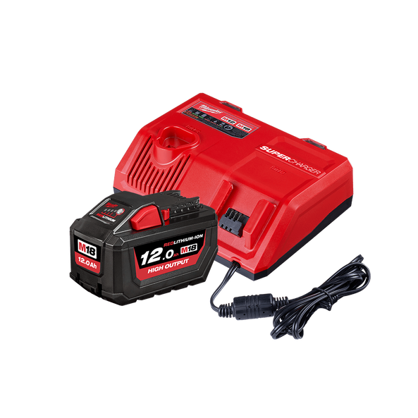 Milwaukee M18™ REDLITHIUM™ HIGH OUTPUT™ 12.0Ah Super Charger Starter Pack - M18HOSPS121B - Available at Power Tool Specialists, Carlton, Victoria, Australia.