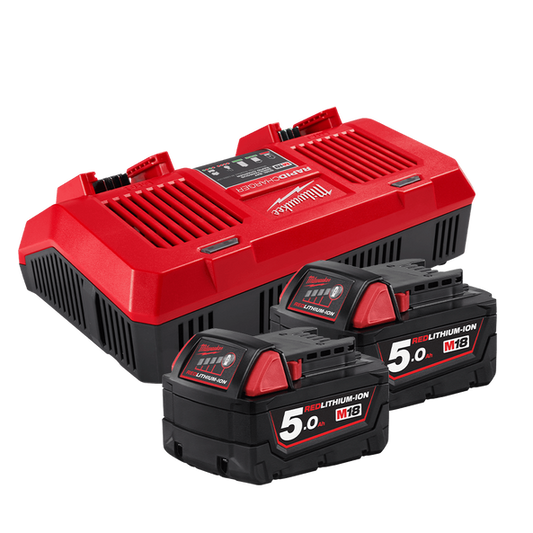 Milwaukee M18™ REDLITHIUM™ Dual Bay 5.0Ah Starter Pack - M18SPD502B - Available at Power Tool Specialists, Carlton, Victoria, Australia.