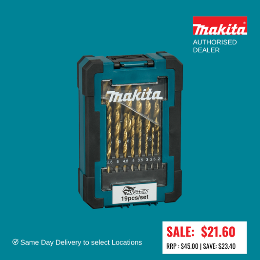 Makita 19 Piece Assorted Economy HSS-TiN 1-10mm Drill Bits Set -D-72229 HALF PRICE