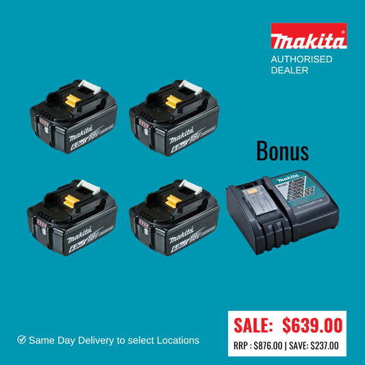 Makita 18 volt 6.0Ah battery 4 pack BL1860X4 WITH BONUS RAPID CHARGER (FREE POSTAGE)