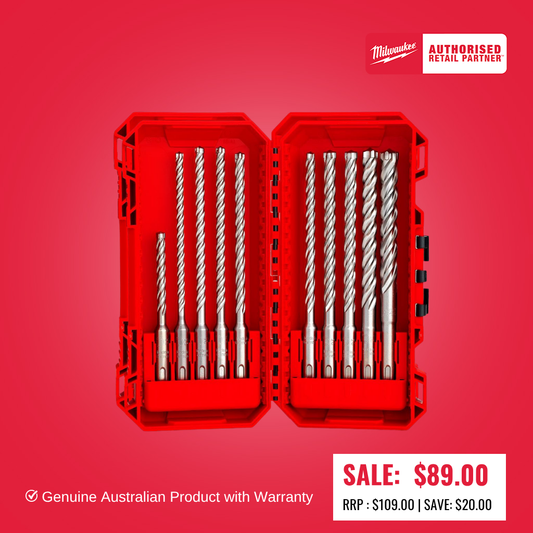 Milwaukee SDS Plus MX4 4-Cut Drill Bit 10PC Set
Ø 6 x 115 mm, Ø 5 / 6 (x2) / 6.5 (x2) / 8 (x2) / 10 / x 165mm, Ø 12 x 160mm - 49323557