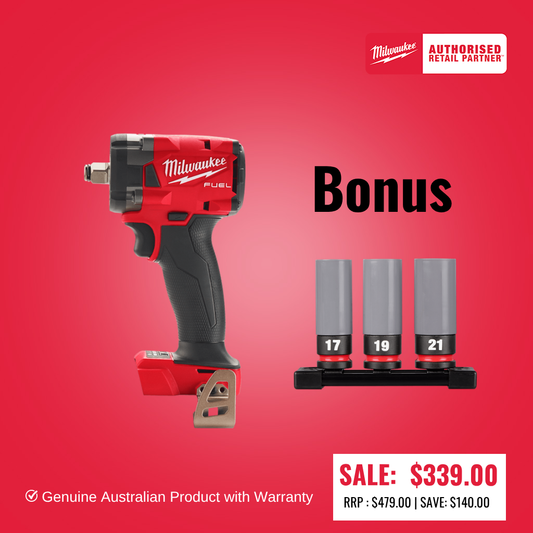 Milwaukee M18 FUEL™ 1/2" Compact Impact Wrench with Friction Ring (Tool Only) - M18FIW2F12-0 WITH BONUS WHEEL NUT SOCKET SET