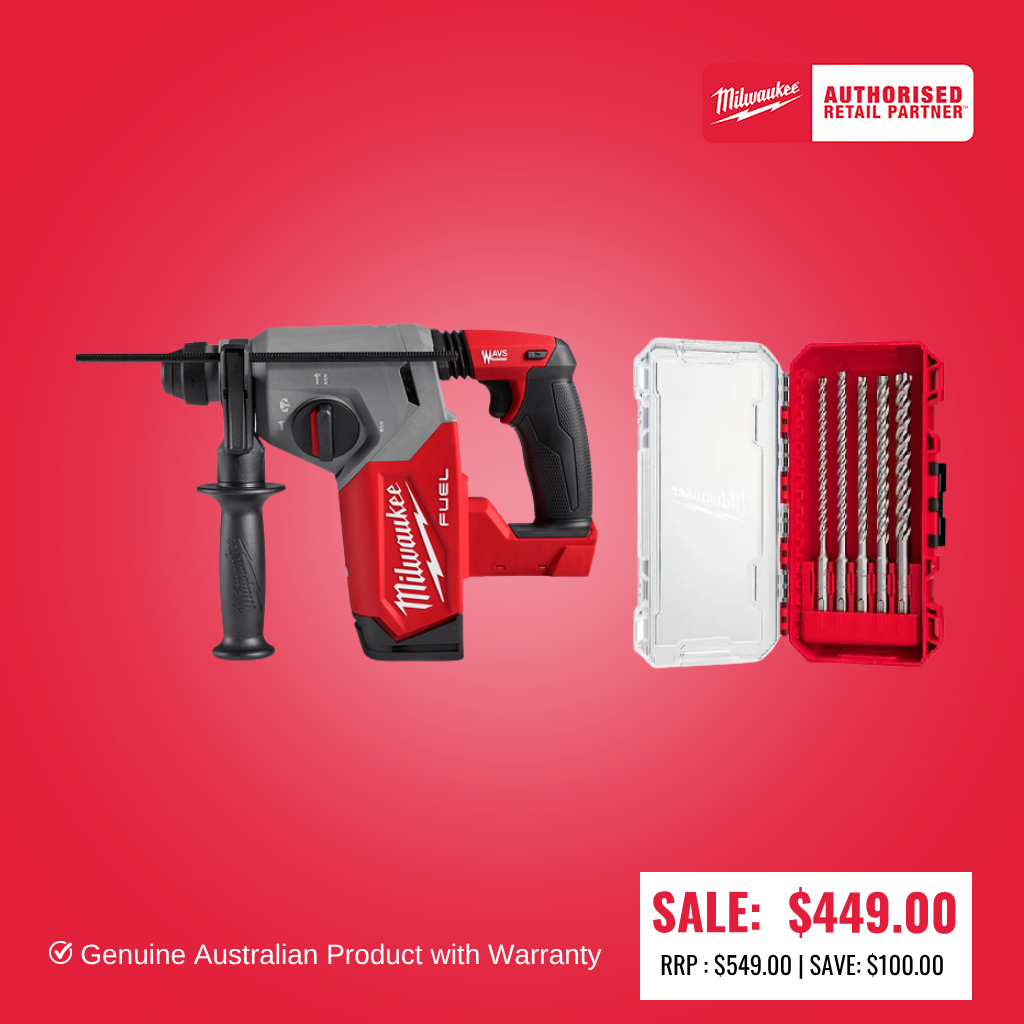 Milwaukee M18 FUEL™ 26mm SDS Plus Rotary Hammer (Tool Only) - M18FH-0 WITH BONUS 5 piece bit set