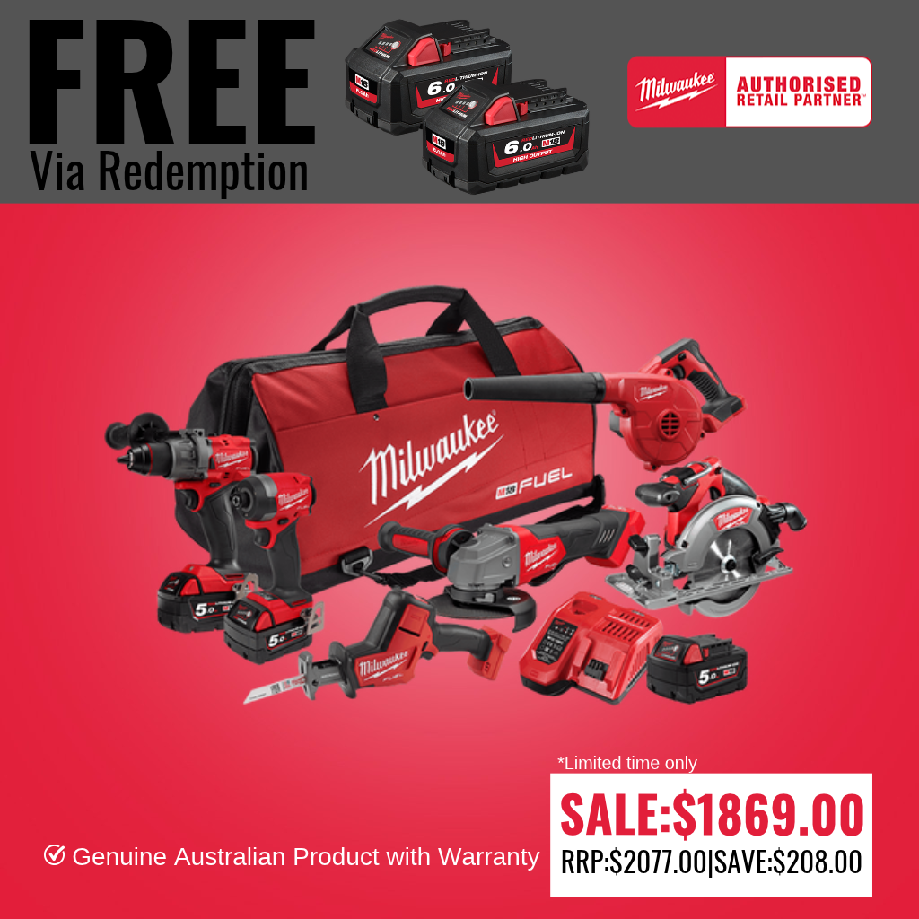 Milwaukee 18V 5.0Ah Li-ion Cordless Brushless 6pce Combo Kit M18FPP6A4503B (2 X 6AH BATTERIES FREE VIA REDEMPTION)