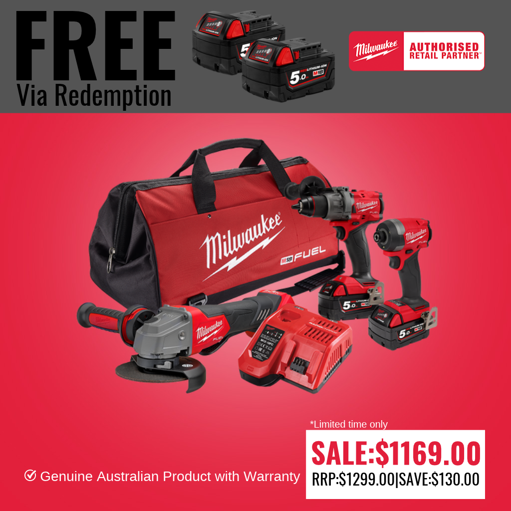 Milwaukee M18 FUEL™ 3 Piece Power Pack 3A3 (M18FPD3, M18FID3, M18FAG125XPD) - M18FPP3A3502B (2 X 5AH BATTERIES FREE VIA REDEMPTION)