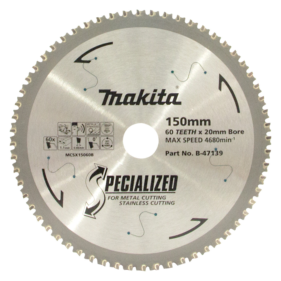 Makita 304 grade stainless steel Cermet Tip Saw Blade 150mm x 20mm x 60T B-47139