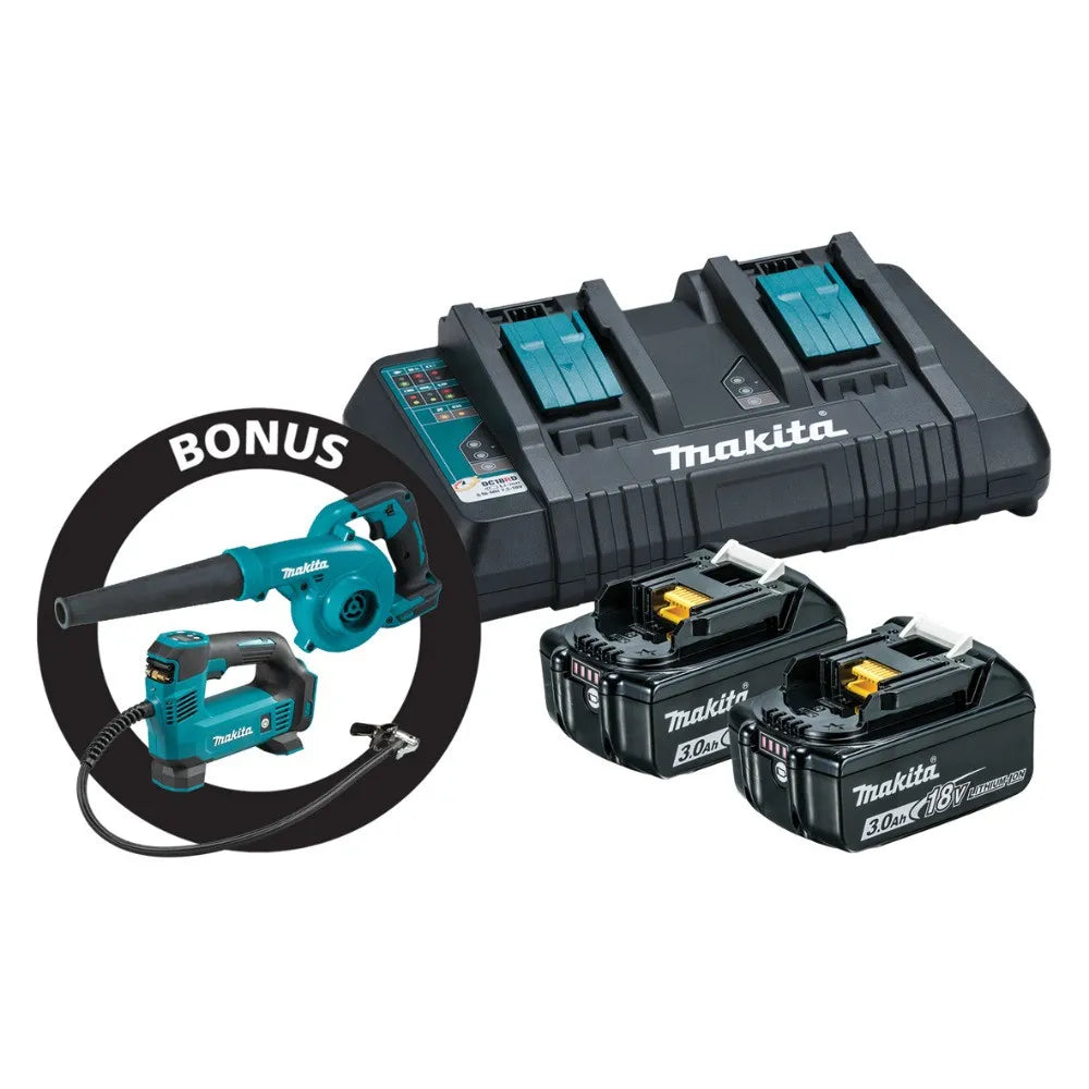 Makita 18 volt Inflator, blower with dual rapid charger and 2 x 3.0Ah batts