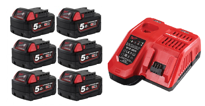 Milwaukee M18B56 6 pack of 5.0Ah batteries WITH BONUS RAPID CHARGER